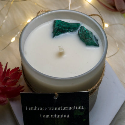 Intention Candle Infused with the Magic of Malachite - I Embrace Transformation And I Am Winning ! with notes of green apple