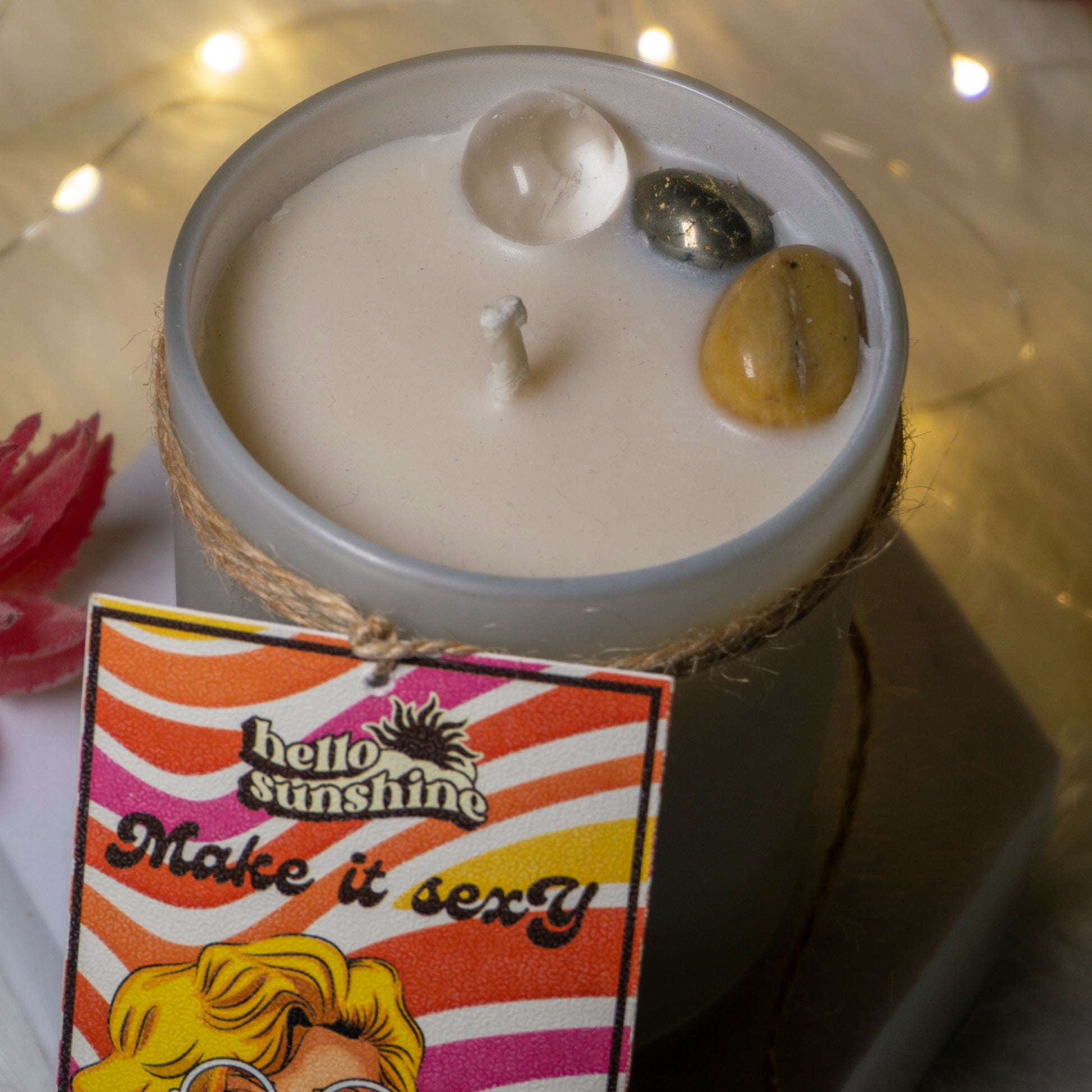 Intention Candle Infused with the Goodness of Yellow Aventurine, Pyrite and Clear Quartz - Hello Sunshine! Make it sexy! with scents of sweet mango