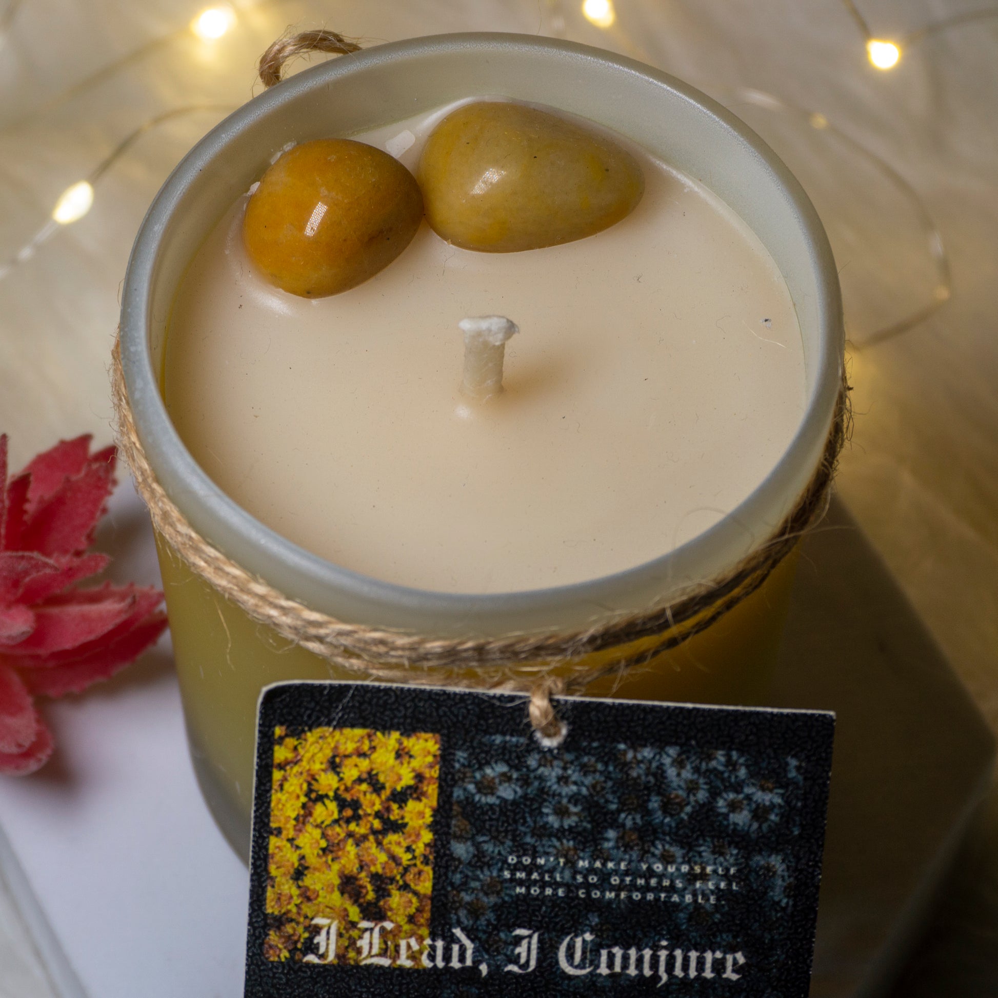 Intention Candles with Yellow Mellow Aventurine - I Lead I Conjure, Morning Candle with scents of cinnamon