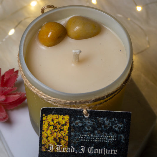 Intention Candles with Yellow Mellow Aventurine - I Lead I Conjure, Morning Candle with scents of cinnamon