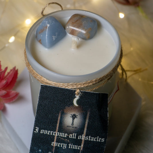 Intention Candles Infused with The Spiritual Aura of Angelite - I Overcome All Obstacles Every Time! Divine Guidance with undernotes of lavender .