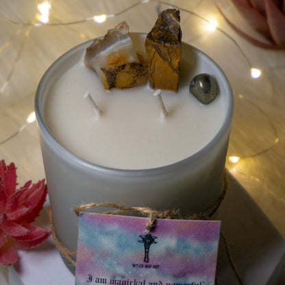 Intention Candles with Carnelian, Tigers eye , Pyrite - Sun Energy , Success , Fame , Forward Movement  with scents of pine