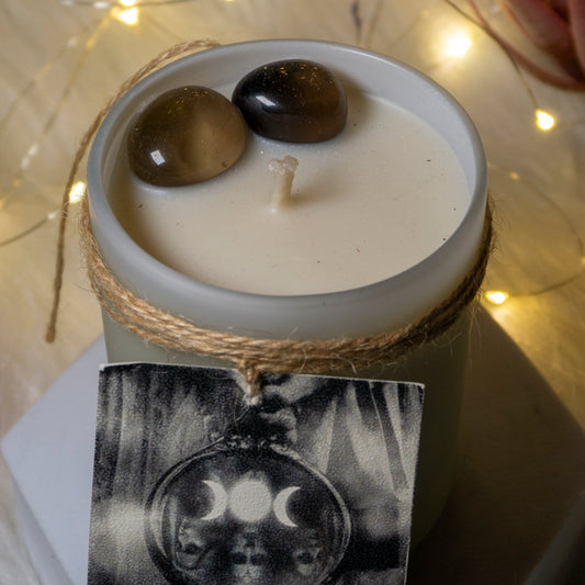 Intention Candle with Smokey Quartz - Alchemise Pain to Power, Grounding , Protection , Divination with a strong scent of coffee