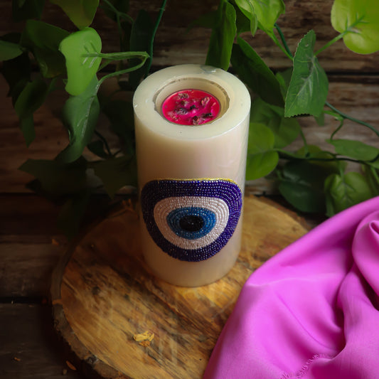 Real Beautifully Hand Beaded Evil Eye Pillar Candle With Tea Light Holder