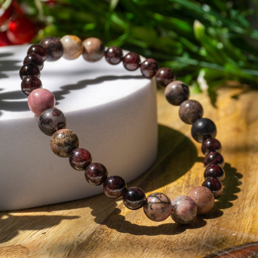 Rhodonite and garnet Crystal and Stone Combination Bracelet Jewellery 8mm - Successful forward movement , spiritual awareness and development, calm and peace, harmony within interrelationships  "