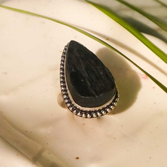 Real Black Tourmaline Crystal Ring