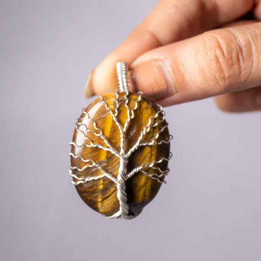 Tiger Eye Crystal And Stone Necklace Oval Tree Pendant Jewellery