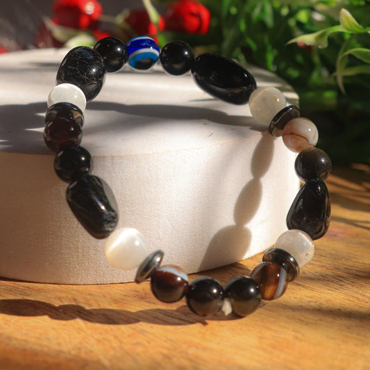 Real Protection From Evil Eye ,Protection During Transitioning , Anti Stress, Anti Addiction Combination Bracelet-Sulemani Hakik+ Selenite+Tourmaline+Evil Eye Combination Beads