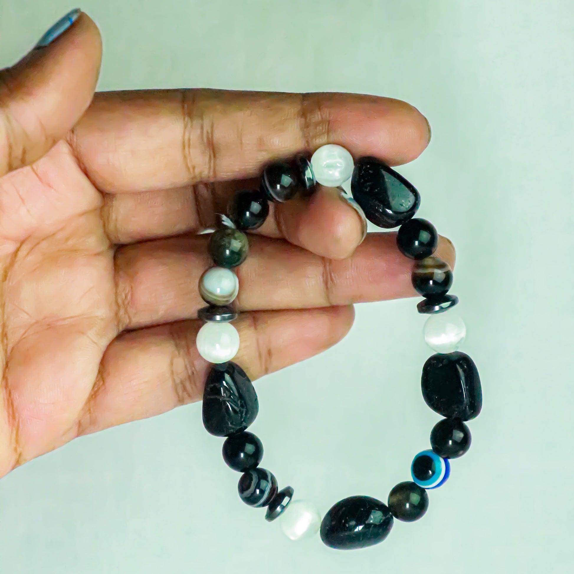 Real Protection From Evil Eye ,Protection During Transitioning , Anti Stress, Anti Addiction Combination Bracelet-Sulemani Hakik+ Selenite+Tourmaline+Evil Eye Combination Beads