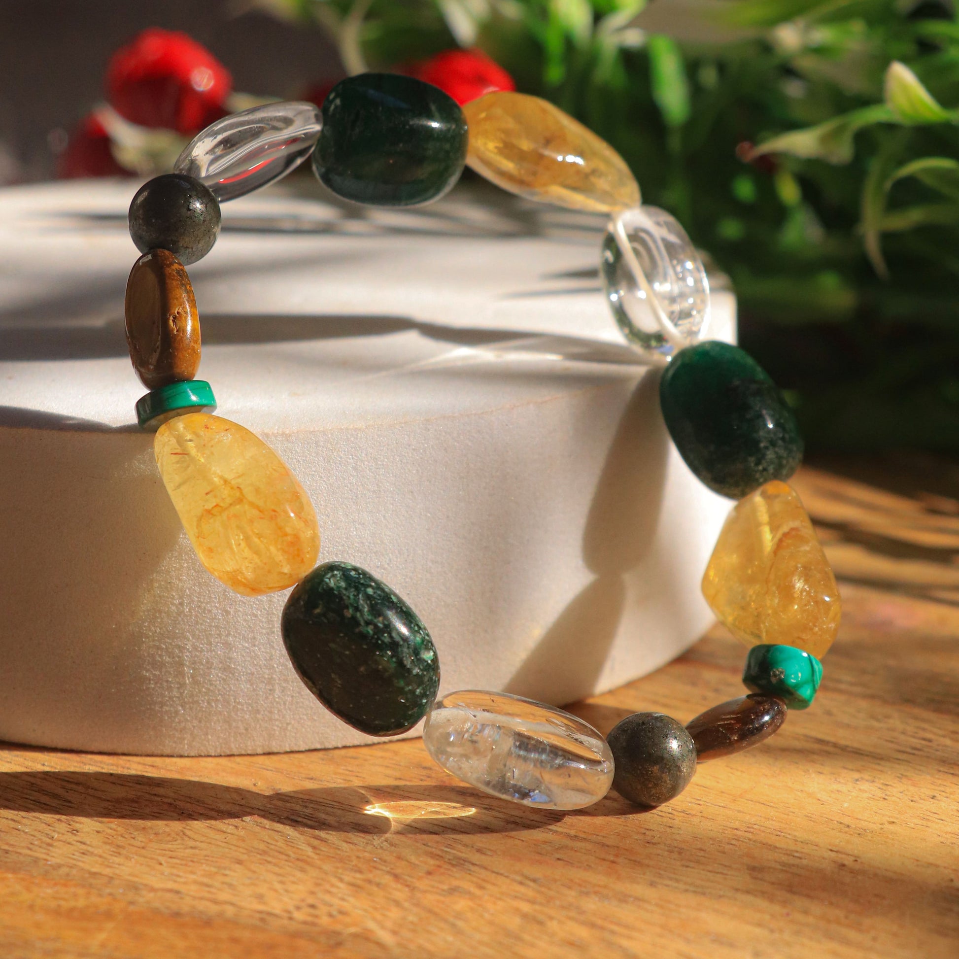 Real Overcoming Financial Blockages,Money Attraction ,Success In Career Business Combination Bracelet-Clear Quartz+Citrine+Pyrite+Green Aventurine +Tigers Eye Beads