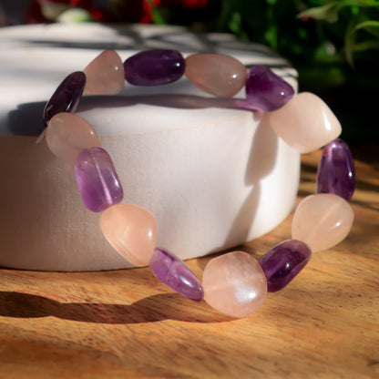 Real The Celestial Burst Of Love Combination Bracelet-Rose Quartz And Amethyst Stone And Crystal Tumble.