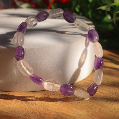 Real The Celestial Burst Of Love Combination Bracelet-Rose Quartz And Amethyst Stone And Crystal Tumble.