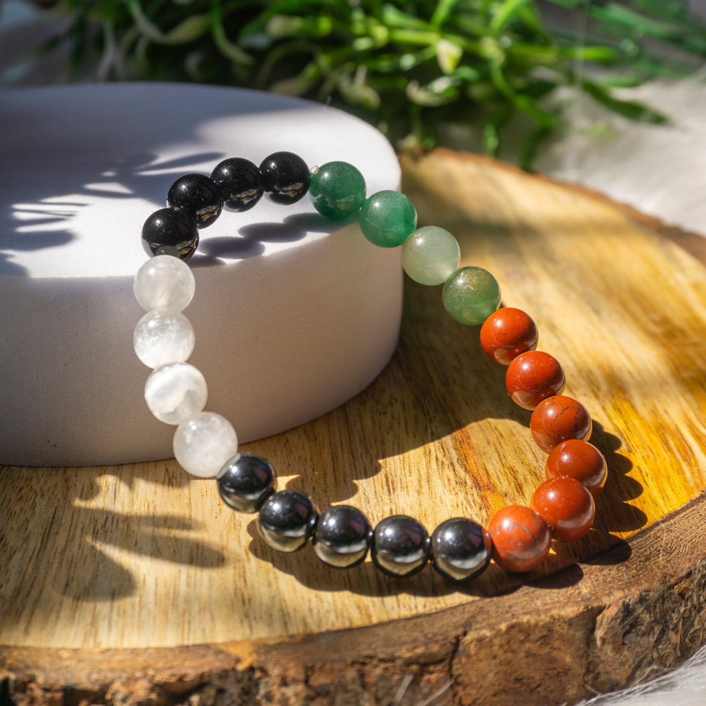 Stability and Security Crystal and Stone Combination Bracelet Jewellery 8mm - Red Jasper, Hematite, Obsidian, Green Aventurine, Selenite)- Grounding and Meditative Calm, Self Mastery, Self Control over Emotions, Release Stress !