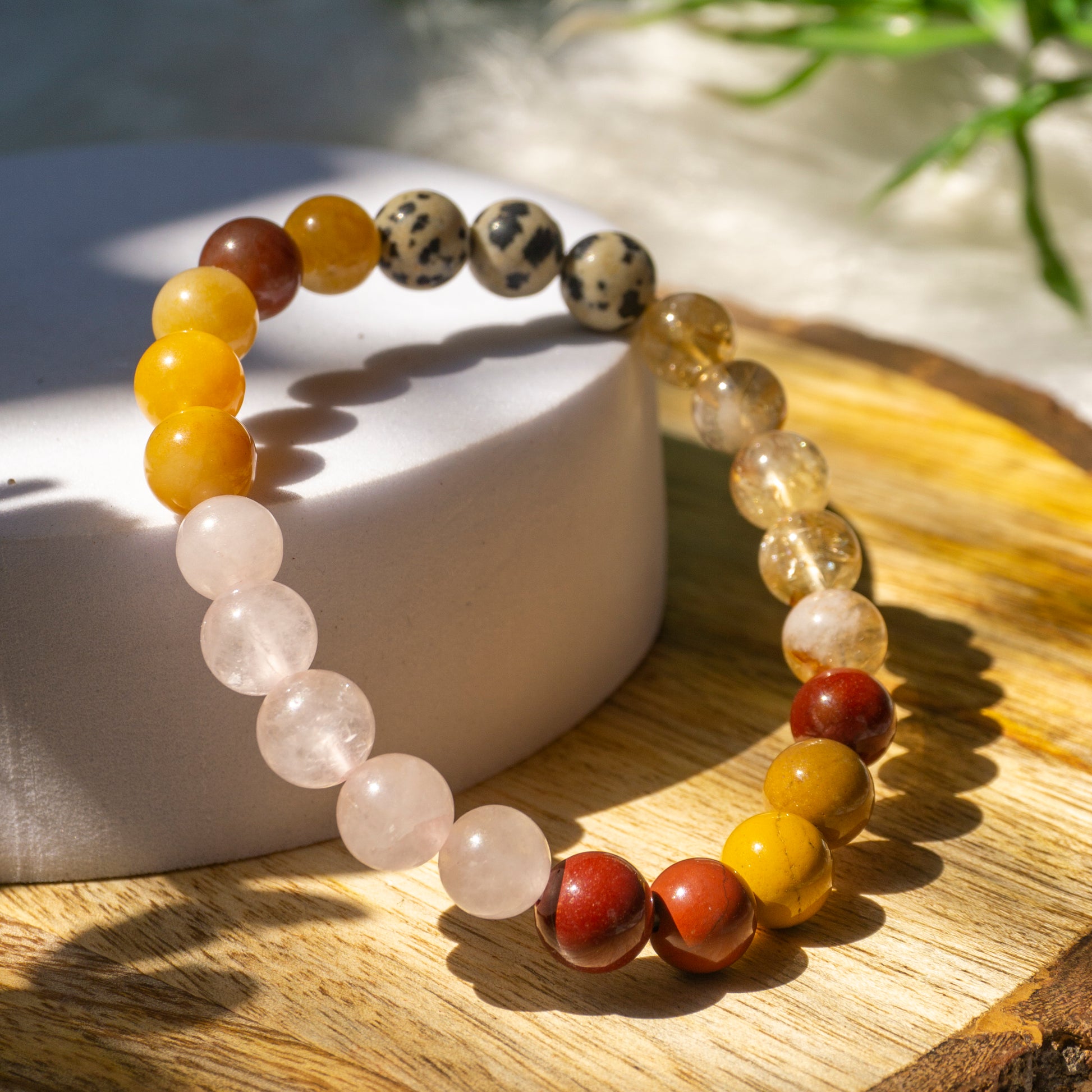 Joy Crystal and Stone Combination Bracelet Jewellery 8mm - Mookaite jasper, Dalmatian jasper, citrine, rose quartz, yellow Aventurine) burst of energy and vitality, forward movement in new beginnings!  "