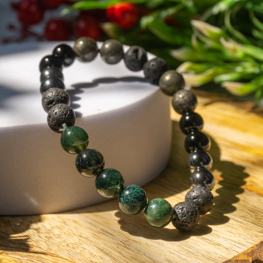 Grounding and Protection Crystal and Stone Combination Bracelet Jewellery 8mm - Hematite, Pyrite, Lava, Obsidian, Moss Agate, Protection against Psychic Attacks, Grounding, Feeling Safe and Secure, Cleanses the mind body soul !