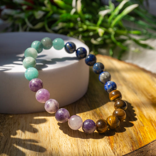 Confidence Crystal and Stone Combination Bracelet Jewellery 8mm - lapis lazuli, lepidolite, Amazonite, tiger eye- flowing with the universe,success and bold forward movement!