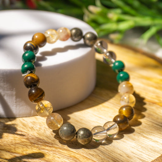 Financial abundance Crystal and Stone Combination Bracelet Jewellery 8mm - (Pyrite, Clear Quartz, Malachite, Citrine,Tigers Eye) - business expansion, fixing the wandering mind, focus and motivation!