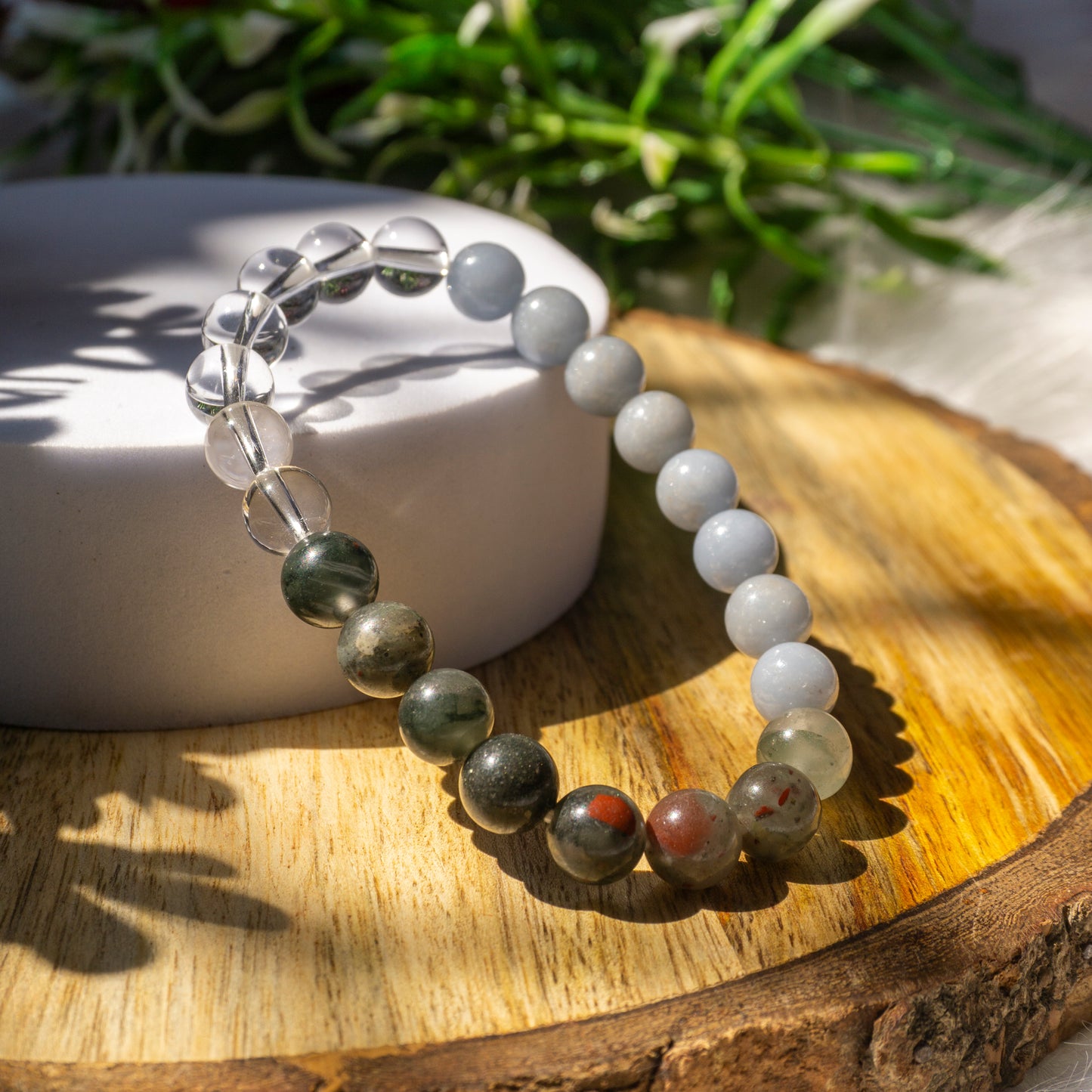 Healing Crystal and Stone Bead Combination Bracelet Jewellery 8mm - Blood stone, clear quartz, angelite) Call in your angels, Working on healing consistently!