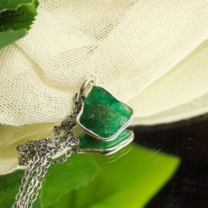 Real Emerald Raw Silver Pendant