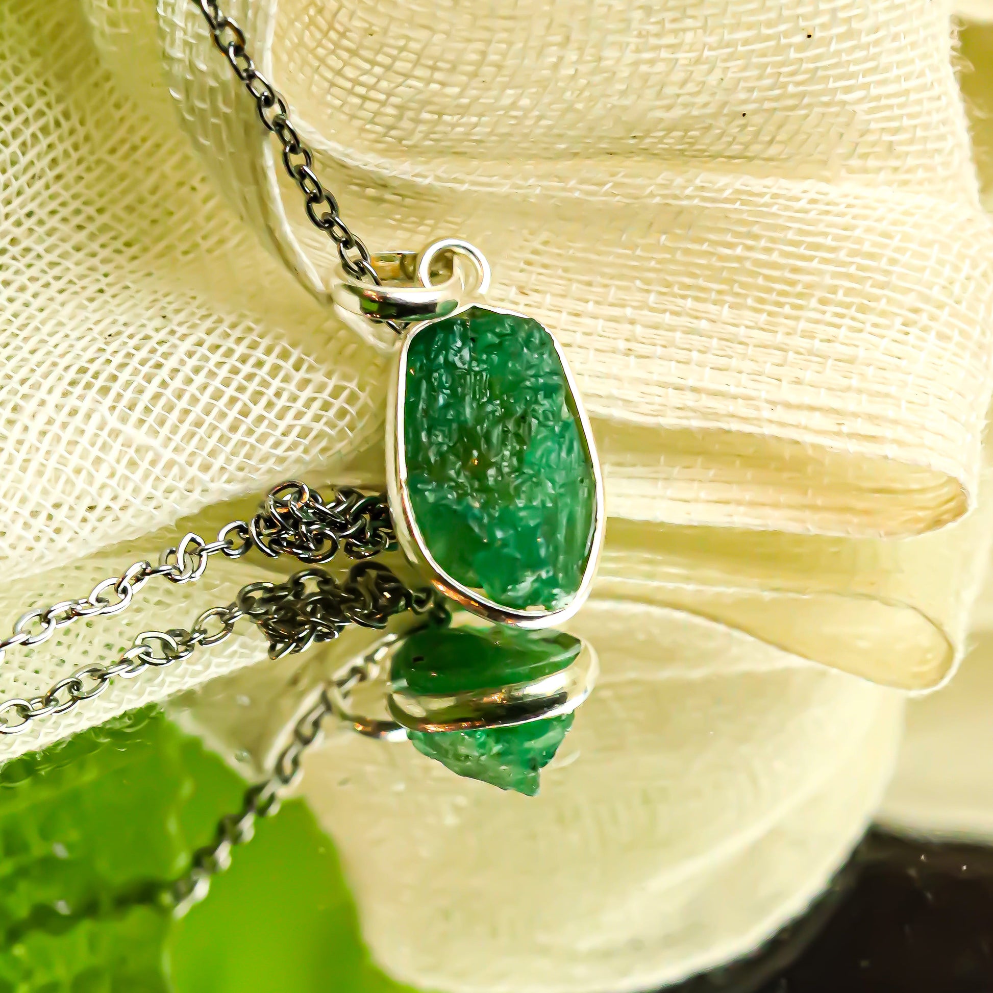 Real Emerald Raw Silver Pendant