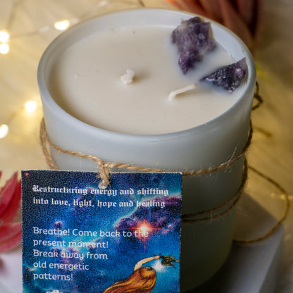 Restructing energy and shifting into love, light hope and healing. Breathe! Come back to the present moment. Break away from mold energetic patterns. Intention Candle