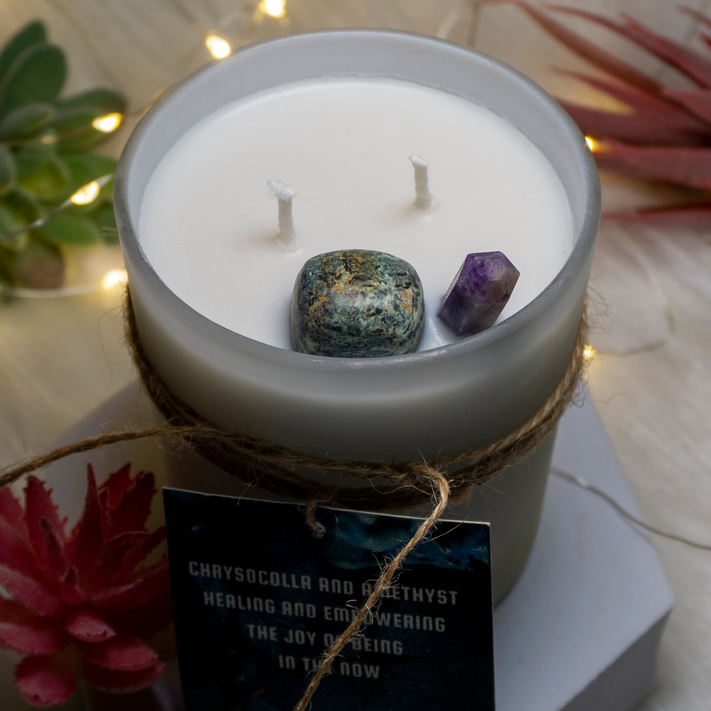 Colossal Calm, the Joy in the Now, Empowered Moments! With the ever Healing Chrysocolla and Versatile Amethyst Intention Candle with the scent of cool water