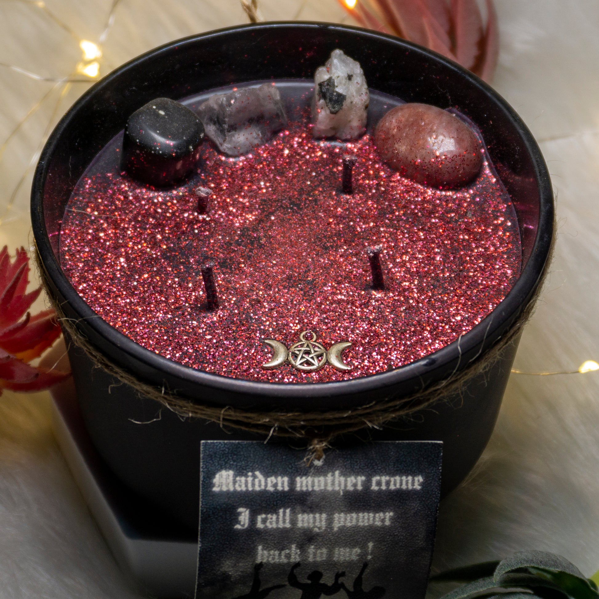 The Ever Mysterious and Properties of Divination of the Crystals, Black Obsidian, Cear Quartz,Moonstone and Strawberry Quarts- Power and Protection Intention Candle with scents of vanilla