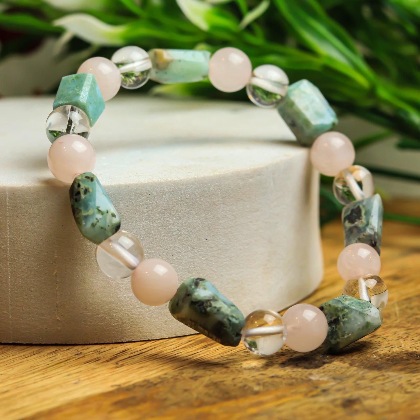 Rose, larimar, clear quartz - love, Combination Bracelet Jewellery 8mm