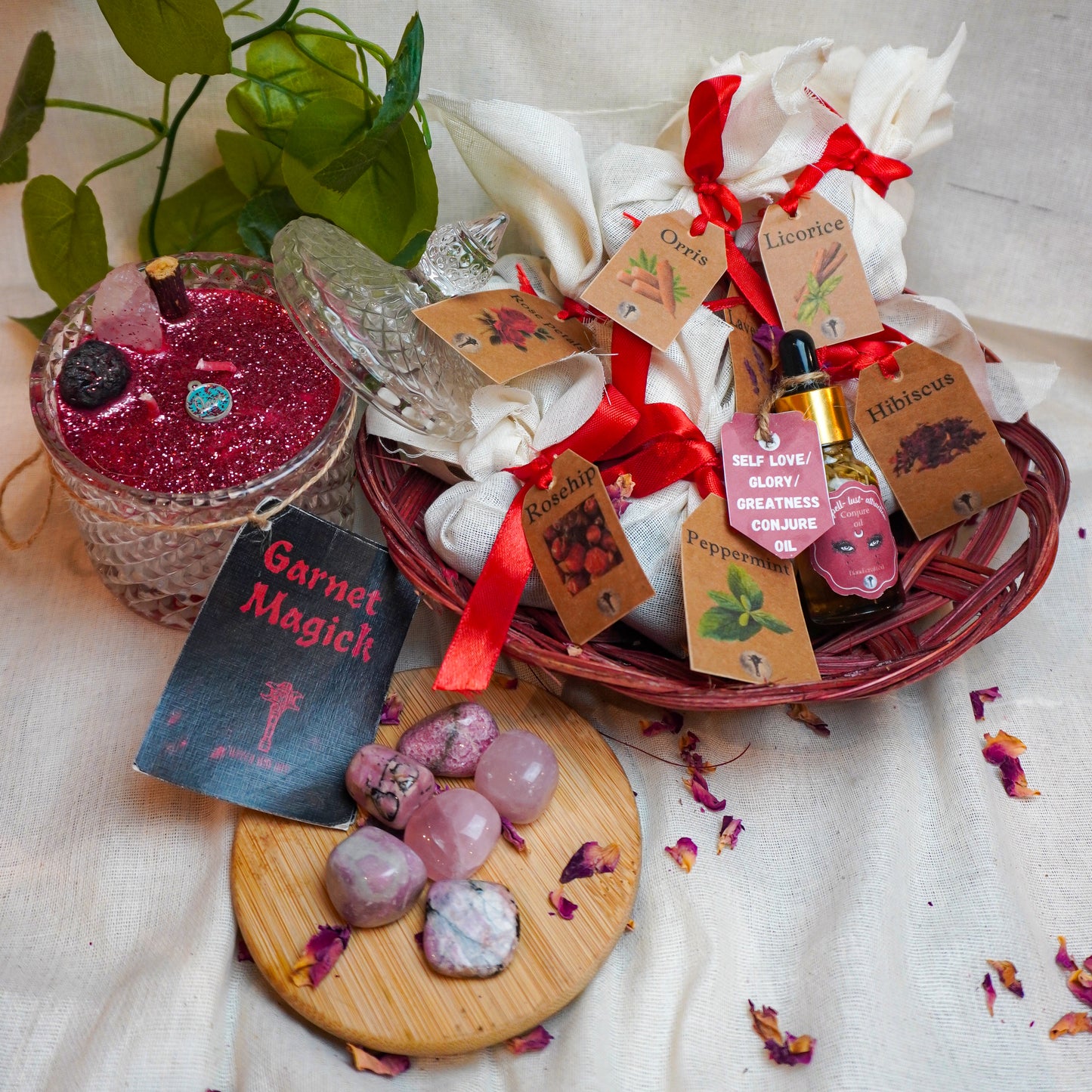 THE MAGNETIC GARNET WITH ROSE QUARTZ CANDLE BUNDLE