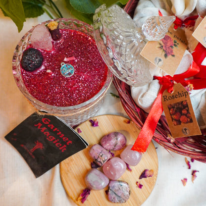 THE MAGNETIC GARNET WITH ROSE QUARTZ CANDLE BUNDLE