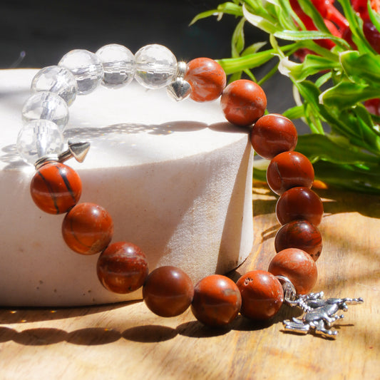 10 Cups Of Health Happiness And Grounded Self Intention Fancy Bracelet(Red Jasper Crystal, Clear Quartz Crystal)