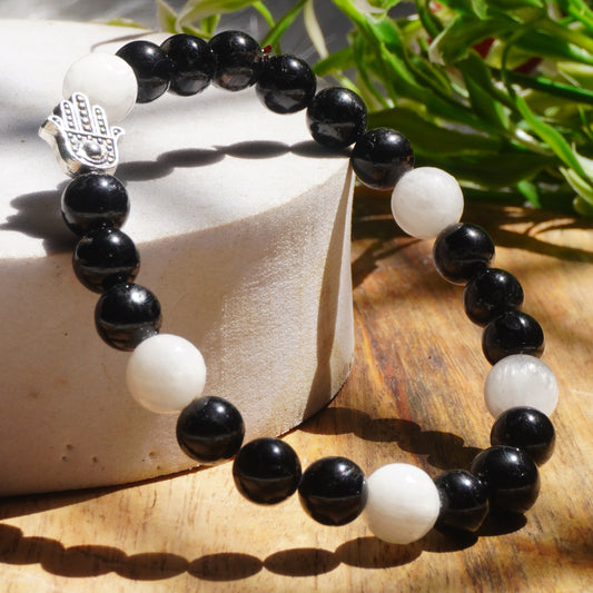 Temperance And The Protected Journeys,protection And Resilience Intention Fancy Bracelet(Black Tourmaline Crystal,Selenite Crystal)