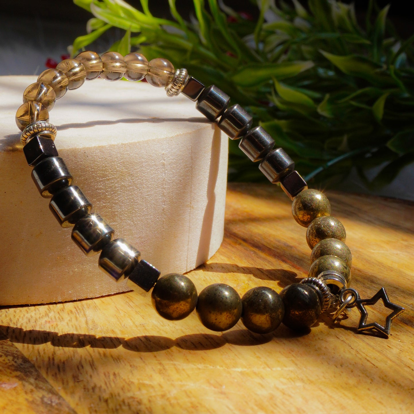 The Alchemist , Creator Of Portals Intention Fancy Bracelet(Hematite Crystal , Smokey Quartz Crystal , Pyrite Crystal)