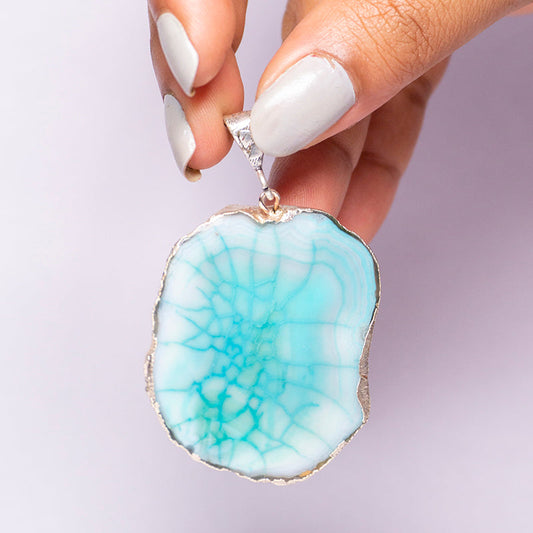 Blue Agate Crystal And Stone Necklace Slice Pendant Jewellery