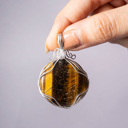 Tiger Eye Crystal And Stone Necklace Round Pendant