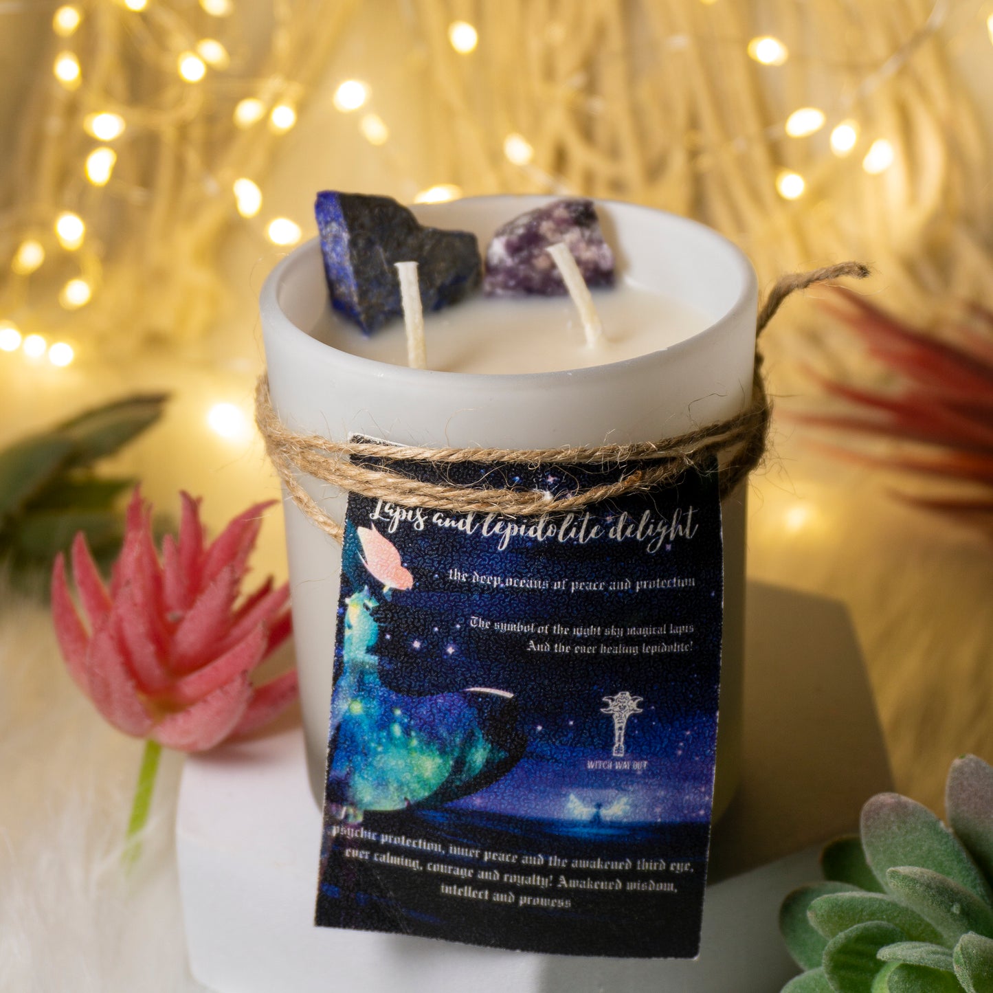 The Healing Goodness of Lapis Lazuli and Lepidolite Intention Candle with scents of vanilla