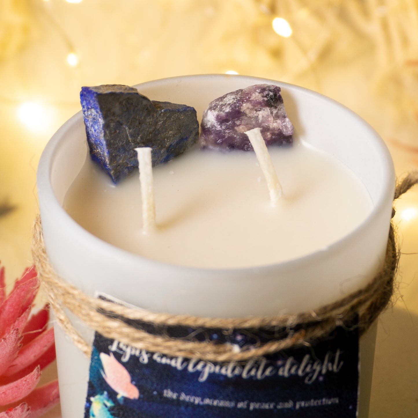 The Healing Goodness of Lapis Lazuli and Lepidolite Intention Candle with scents of vanilla