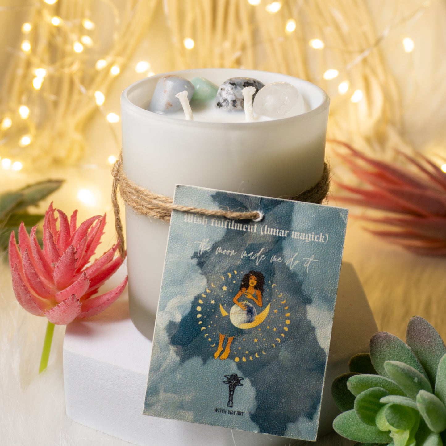 Intention Candles Infused with Amazonite, Angelite, Rainbow Moonstone and Clear Quartz- The Silver of Night and the Golden of Delight with scentnotes of the blue ocean