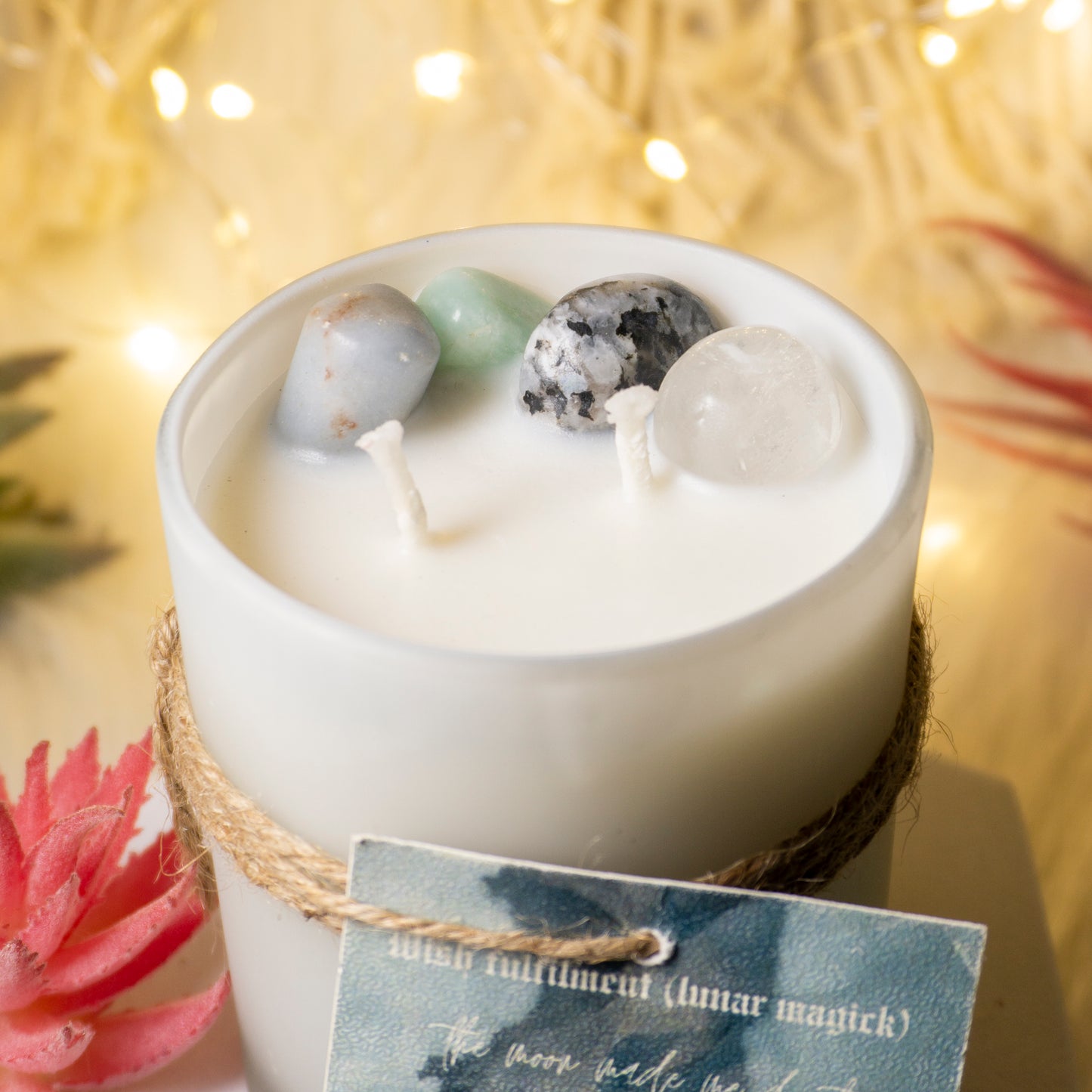 Intention Candles Infused with Amazonite, Angelite, Rainbow Moonstone and Clear Quartz- The Silver of Night and the Golden of Delight with scentnotes of the blue ocean