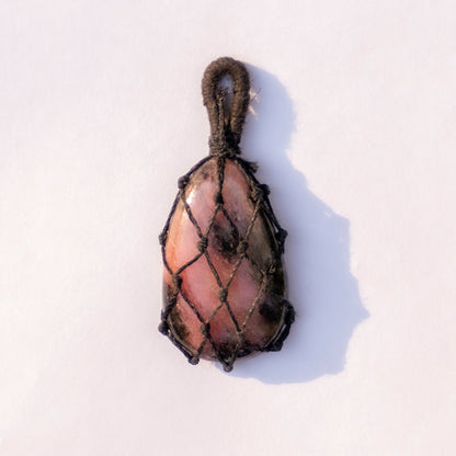 Rhodonite Crystal And Stone Necklace Crochet Pendant Jewellery