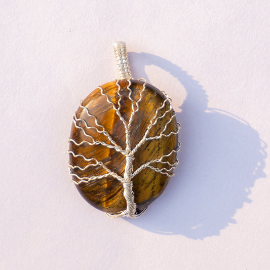 Tiger Eye Crystal And Stone Necklace Oval Tree Pendant Jewellery