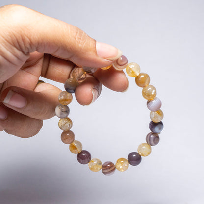 Botswana Agate and Citrine , Forward Movement + Overcoming All Blockages, Burst Of Sun Energy, Happiness, Fame.Combination Bracelet