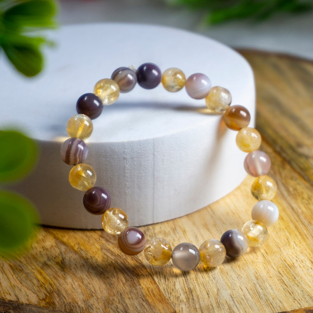 Botswana Agate and Citrine , Forward Movement + Overcoming All Blockages, Burst Of Sun Energy, Happiness, Fame.Combination Bracelet