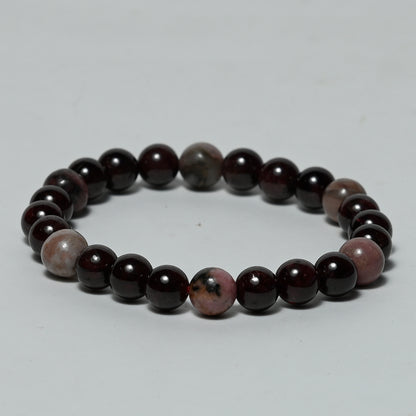 Real Rhodonite and garnet Crystal and Stone Combination Bracelet Jewellery 8mm - Successful forward movement , spiritual awareness and development, calm and peace, harmony within interrelationships 
