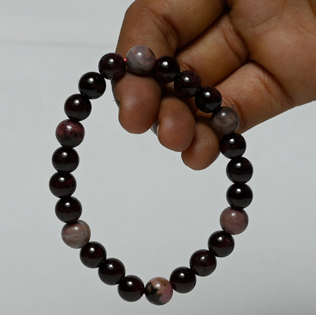 Real Rhodonite and garnet Crystal and Stone Combination Bracelet Jewellery 8mm - Successful forward movement , spiritual awareness and development, calm and peace, harmony within interrelationships 
