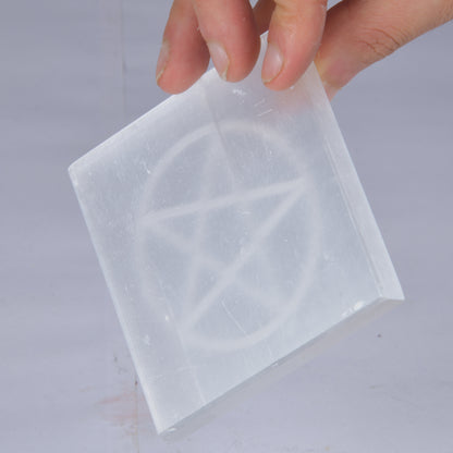 Real Square Pentacle  Sign Selenite Slab