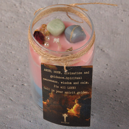 Real ANGEL GUIDANCE AND SELF LOVE INTENTION CANDLE! Celebrating the goodness of amazonite and angelite, chamomile and rose petals! - Blue ocean scented crystal and herb healing and divine guidance intention candle
