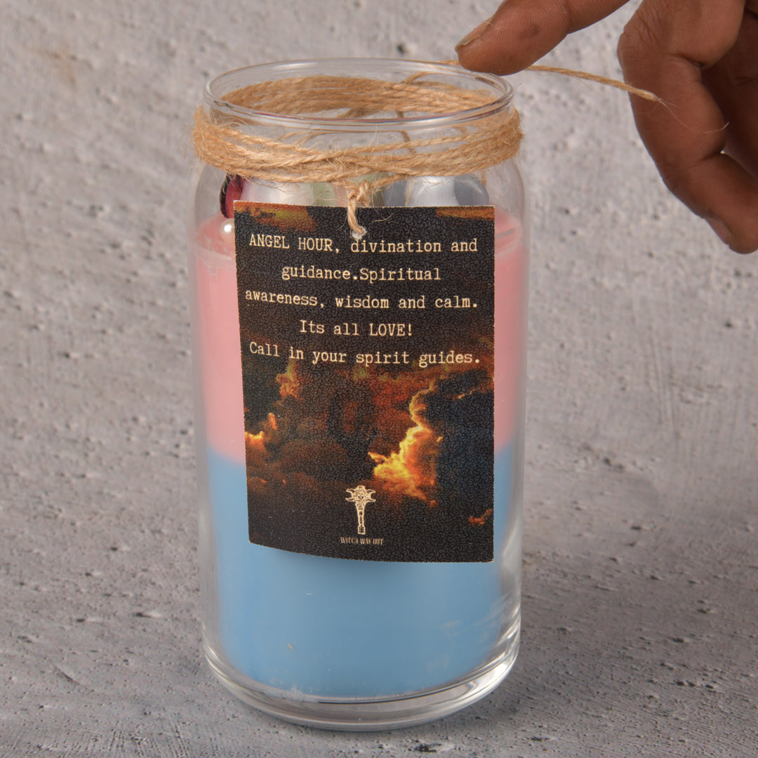 Real ANGEL GUIDANCE AND SELF LOVE INTENTION CANDLE! Celebrating the goodness of amazonite and angelite, chamomile and rose petals! - Blue ocean scented crystal and herb healing and divine guidance intention candle
