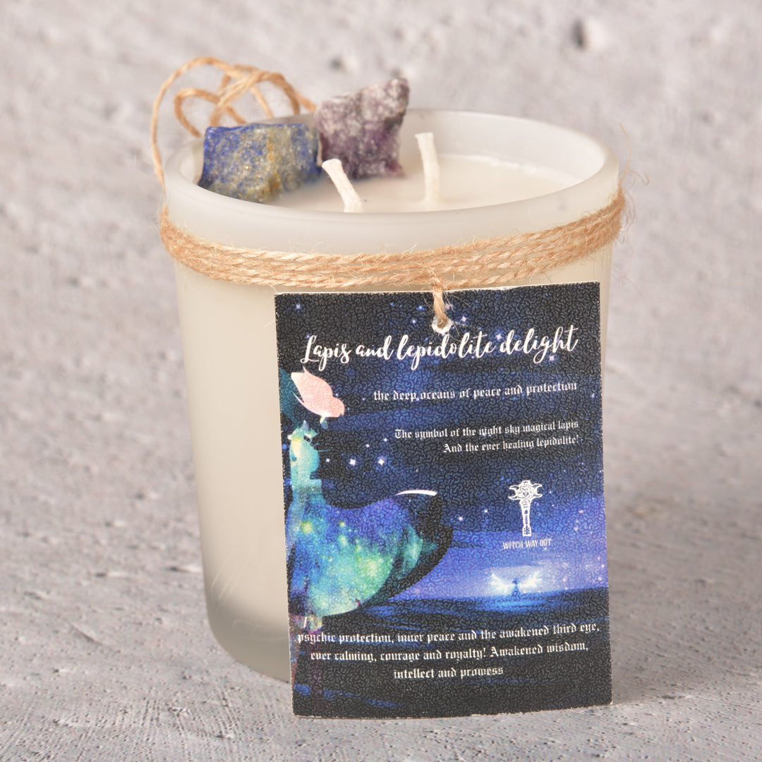 Real The Healing Goodness of Lapis Lazuli and Lepidolite Intention Candle with scents of vanilla