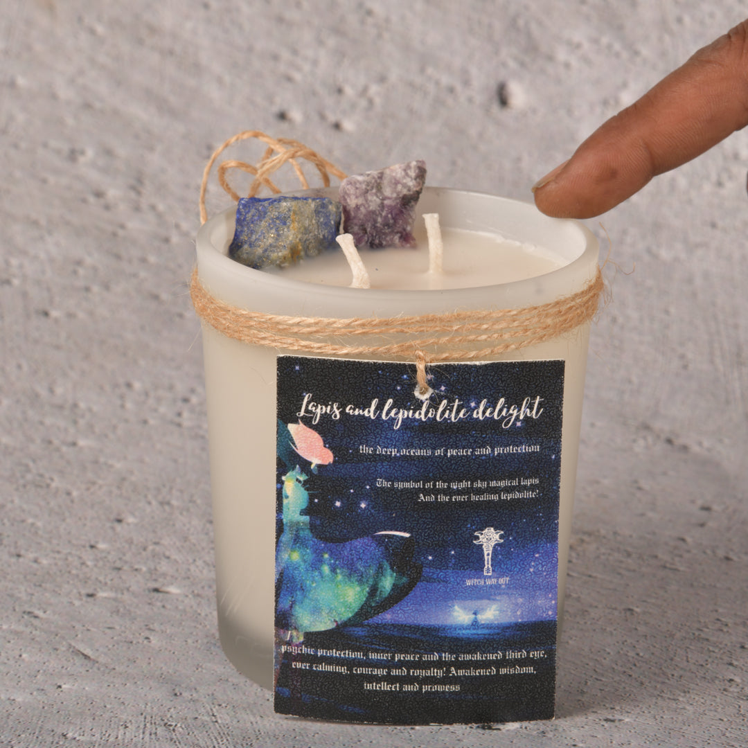 Real The Healing Goodness of Lapis Lazuli and Lepidolite Intention Candle with scents of vanilla